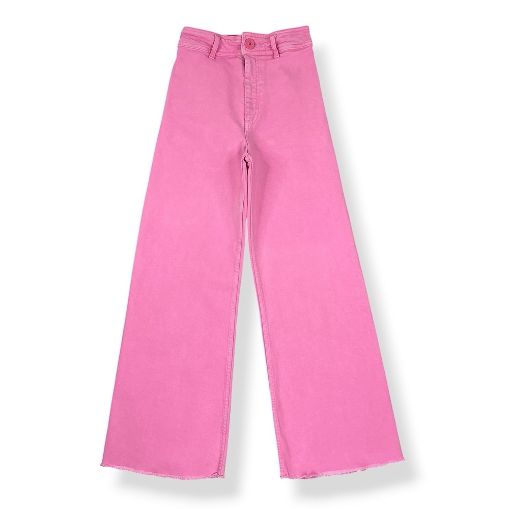 Zara Jeans Women 2 (24x27.5) Pink High Rise Wide Leg Stretch Frayed Cuff